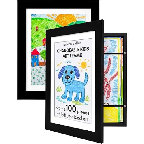 Americanflat Kids Artwork Frame Changeable (Black) - Magnetic Door Holds 100 Art Pieces - 8.5x11 Letter Size Display with Mat or 10x12.5 Without Mat - My Mini Masterpiece (Set of 2)