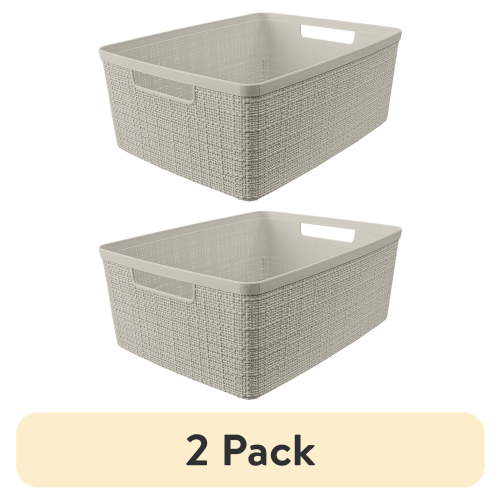 (2 pack) Curver Jute Medium Beige Plastic Storage Basket, 14 in x 10.7 in x 5.7 in