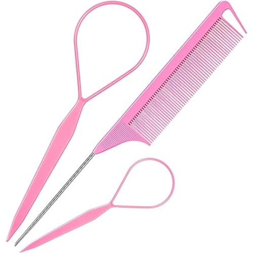 TsMADDTs Hair Styling Tool Set - 3 Pcs French Braid Tool, Rat Tail Comb, and Metal Braiding Pin in Pink