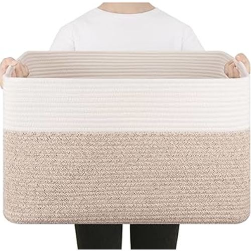 75L Large Blanket Basket, Toy Basket Bin for Kids, Cotton Rope Woven Storage Basket for Living Room, Nursery, Baby Room Decorative Organizer, 22''×17''×12'', Brown and White