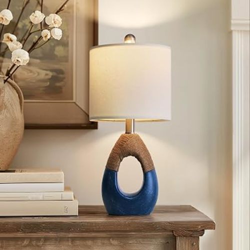 OYEARS 19" Table Lamp for Living Room,Boho Lamp for Bedroom, Bedside for Nightstands, Suitable for Small Space,Coastal Farmhouse, End Table, Rattan Nautical Beach Style, Blue,1 Pack