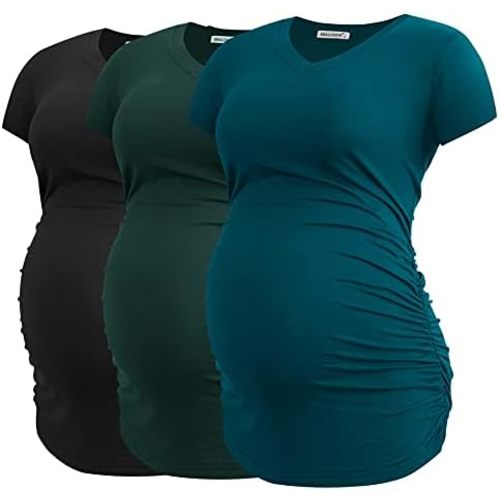 Smallshow Women's V Neck Maternity Clothes Tops Side Ruched Pregnancy T Shirt