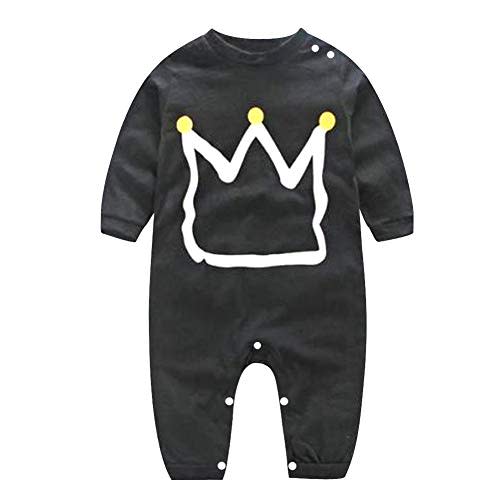 ggudd Baby Boy's Button Jumpsuit Long Sleeve Crown Print Cute Rompers (Black,12-18 Months)