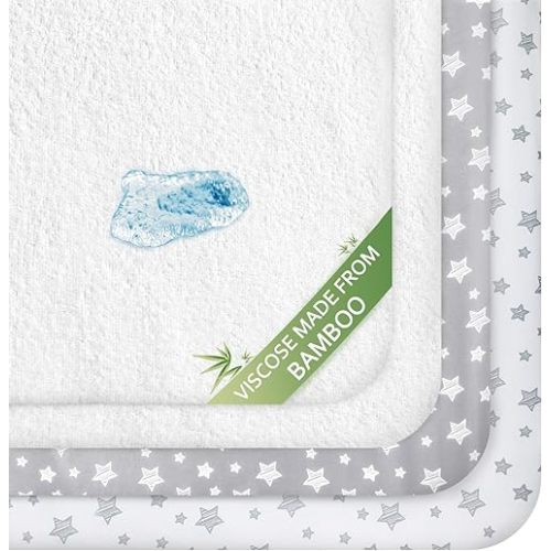 Crib Sheets & Waterproof Crib Mattress Protector for Boys 4 Pack Set, Viscose, Waterproof Crib Sheets Mattress Pad Cover, Grey & White