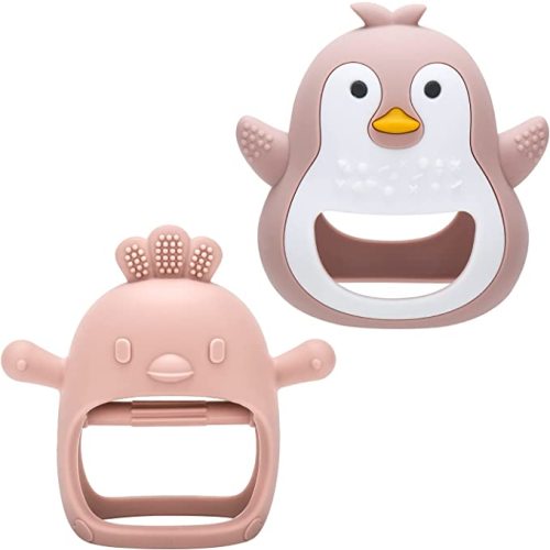 Lot de 2 jouets de dentition pour bébés de 0 à 6 mois, ne tombent jamais, pingouin et poussin pour garçons et filles de 6 à 12 mois, jouets à mâcher en silicone pour les besoins de succion, sans BPA