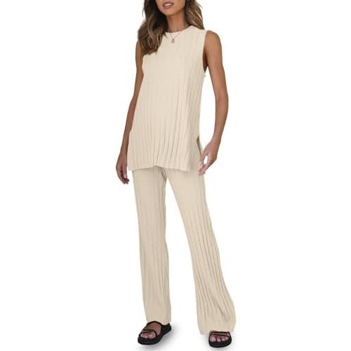 Tankaneo Two Pieces Outfits Sleeveless Top Knit Sets Trendy Lounge Long Pajamas Set