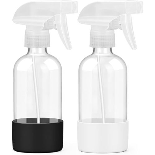 2 Pack Glass Spray Bottles 8 oz, Empty Refillable Containers with Silicone Sleeve Protection, Glass Spray Bottles for Cleaning Solutions, Hair and Plants with Adjustable Nozzles Black&White