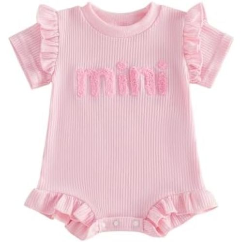 Bagilaanoe Newborn Baby Girl Short Sleeve Romper Letter Embroidered Ruffle Waffle Knit Clothes Summer Jumpsuit Bodysuit