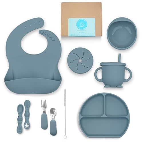 Baby Led Weaning Supplies Silicone Baby Feeding Set–11Pcs Blue, Baby Feeding Supplies with Suction Bowl and Plate, Fork, Spoon, Bib, Sippy Cup, Food-Grade Silicone Baby Utensils