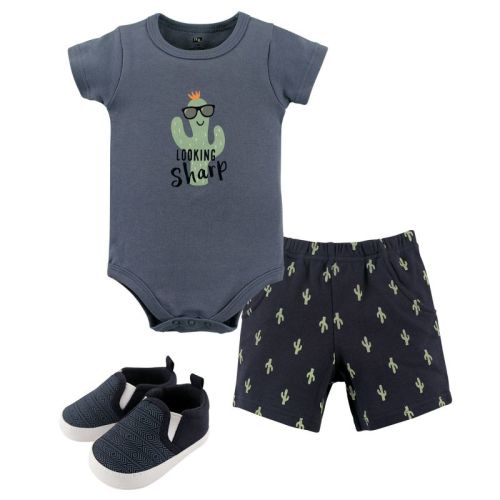 Hudson Baby Infant Boy Cotton Bodysuit, Shorts and Shoe 3pc Set, Cactus, 0-3 Months