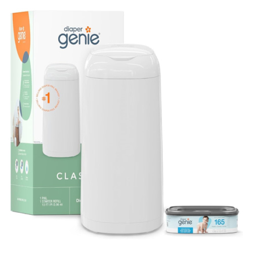 Diaper Genie Classic Pail Includes 1 Starter Square Refill That can Hold up to 165 Newborn-Sized Diapers.