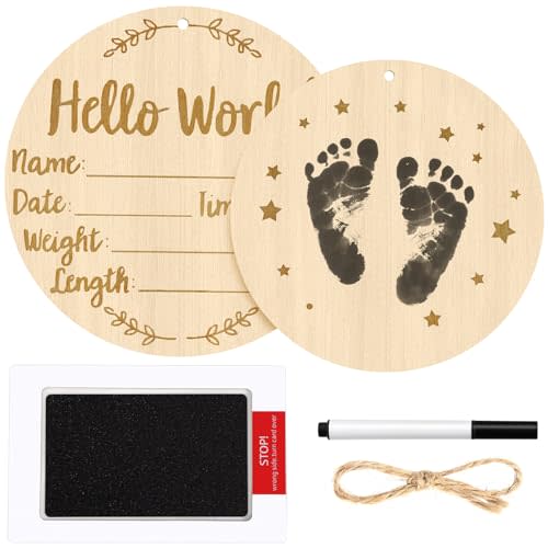 5.9 Inch Baby Birth Announcement Sign, Wooden Hello World Newborn Signs with Marker Pen and Ink Pad, Double-Sided Welcome Baby to the World Signs for Hospital, Babies Nursery, Photo Props