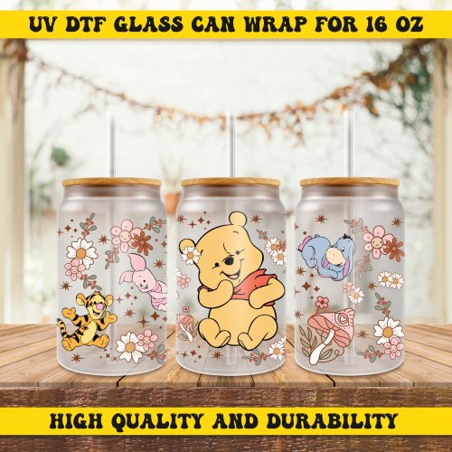 16oz UV Dtf Disney Winnie The Pooh Characters, Ready to Apply Cup Wrap, Stickers UV Dtf, 16oz Glass Can Wrap - WRAP032