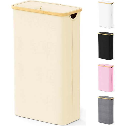SpaceAid Slim Laundry Hamper with Lid, 65L Narrow Tall Clothes Basket Bin, Beige