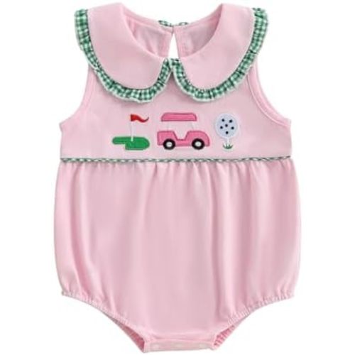 Baby Girl Clothes Newborn Golf Cart Embroidery Peter Pan Collar Sleeveless Romper Bubble Bodysuit Cute Summer Outfit