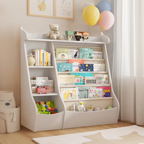 FKWin White Kids Bookshelf with 4 Layer Sling Bookcase,Deer Design Toddler Book Shelf for Kids Rooms Montessori Toy Storage with Adjustable Shelves