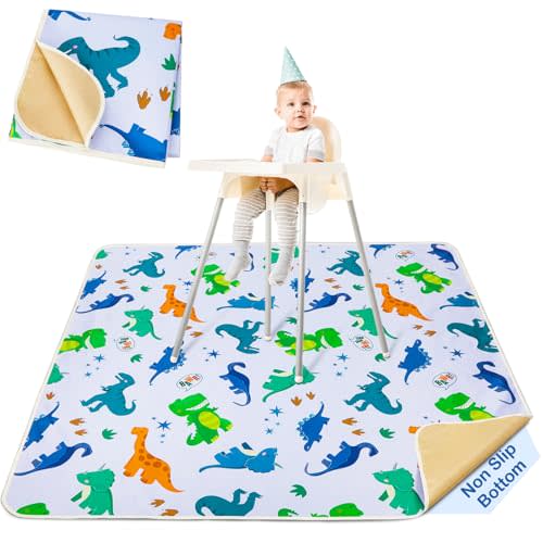 Basumee Splat Mat High Chair Mat Waterproof Baby Play Splat Mat for Under High Chair Food Catcher Highchair Mat for Floor Non Slip Bottom, Green Dinosaur, 46x42 Inches