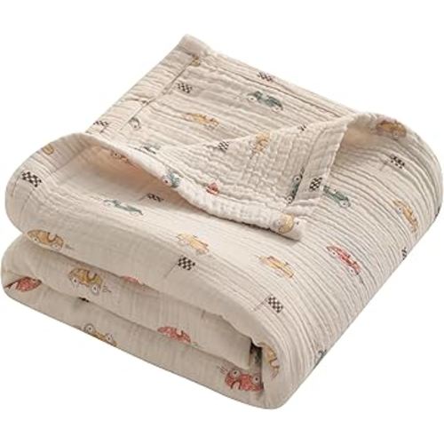 NTBAY Muslin Toddler Blanket, 4-Layer, 30x40 Soft and Breathable Receiving Blanket for Newborns and Infants, Crib Stroller Travel Use, Retro Race Car