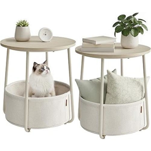 VASAGLE LILEA Collection - Small Round Side End Table, Modern Nightstand with Fabric Basket, for Living Room, Bedroom, Set of 2, Cream White ULET225LL01S