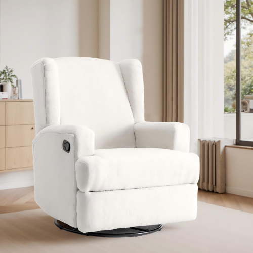 DREAMSIDEA Recliner Swivel Glider Rocker Nursery Chair for Adults, High Back Upholstered Rocking Armchair for Living Room, Manual Reclining Sofa Lounge Chair with Deep Seat in Teddy Fabric - Beige