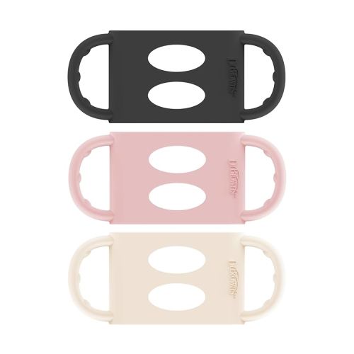 Dr. Brown's Wide-Neck Baby Bottle Handles, 100% Silicone, Easy Grip Removable Handles for Bottle to Sippy Cup Transition, Black/Ecru/Pink, 3-Pack, 4m+