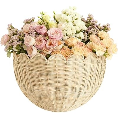 Scalloped Wicker Wall Basket Original, Hand-Woven Rattan Baskets, Wicker Basket For Flowers Front Door Bathroom Storage