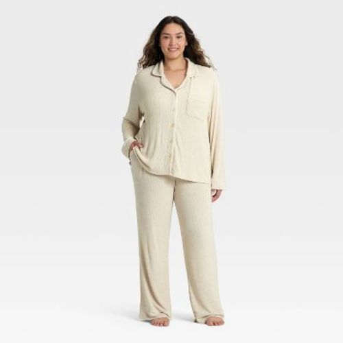 Women's Cozy Ribbed Notch Collar Long Sleeve Shirt and Pants Pajama Set - Auden™ Oatmeal 1X