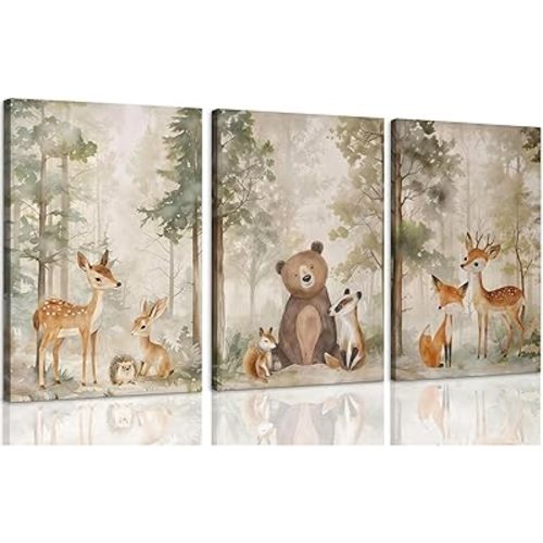 ICHZUMW Woodland Animals Nursery Wall Decor, Nursery Wall Art, Watercolor Deer Bear Fox Painting Print Artwork for Boys Girls Kids Room, Wrapped Canvas, Ready to Hang, 12x16in, Set of 3