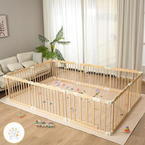 Wooden Baby Playpen 69x103 Inch Foldable Toddler Fence with Safety Lock