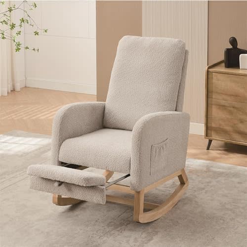 JianRurs Nursery Rocking Chair,Teddy Upholstered Glider Rocker Rocking Accent Chair,Padded Seat with Foot Rest and High Backrest Armchair Comfy Side Chair for Living Room,Bedroom (Teddy+Light Gray)
