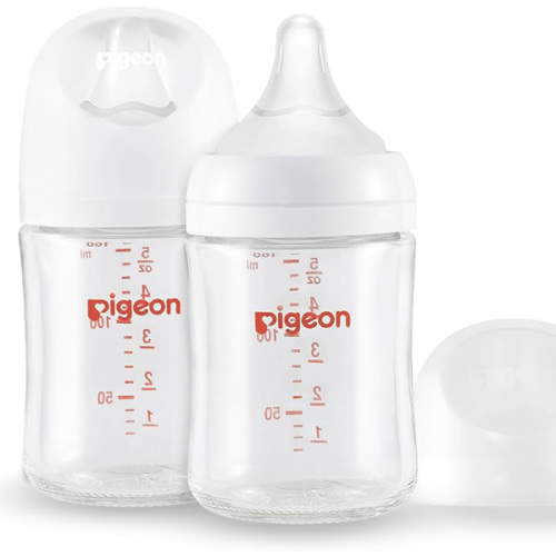 Pigeon Glass Nursing Bottle Wide Neck, Anti-Colic, Streamlined Body, Natural Feel, Easy to Clean, Heat-Resistant, 5.4 Oz(Pack of 2), Includes 2pcs SS Nipples (0m+)