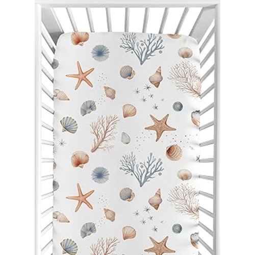 Sweet Jojo Designs Ocean Seashells Boy Girl Gender Neutral Unisex Baby Fitted Crib Sheet Infant Newborn Nursery Toddler Bed Room Standard Mattress Orange Blue Taupe Nautical Beach Theme Watercolor