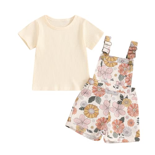Lucikamy Toddler Baby Girls Summer Outfits T-Shirt Overalls Shorts Set | Short Sleeve Ribbed Shirt, Flower/Apple/Strawberry/Camo/Star/Bee Suspender Overalls, Kid 2Pcs Clothing, Spring Clothes 12M-5Y
