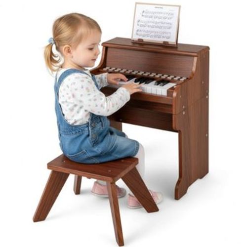 Costway 25 Keys Digital Piano with Music Stand Stool Lighted Keys Teaching Mode for 3+ Kids Brown