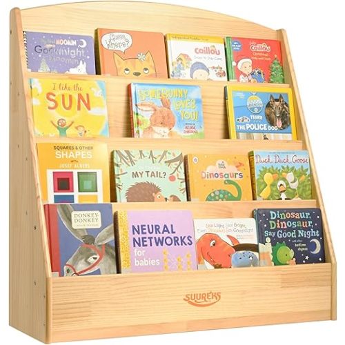 Montessori Bookshelf, 4 Tier Kids Bookshelf – Safe, Sturdy, and Easy to Clean, Premium Wooden Book Shelf for Kids Rooms, Playroom, Classroom, Nursery（31-1/2" D x 11-4/5" W x 31-1/2" H）