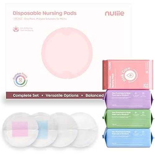 Nuliie Disposable Nursing Pads 4-in-1 Variety Pack, 100 Count Mixed Breast Pads for Leaking Milk, Air-Fit Daily, Bamboo Breathable, Blue Core High-Absorbency, Pink Core Skin-Friendly, Find Your Match