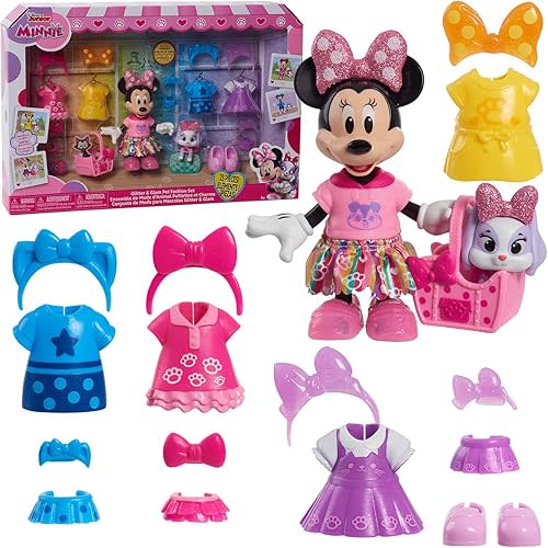 Disney Junior Minnie Mouse Glitter and Glam Pet Fashion Set, 23-piece Doll and Accessories, Kids Toys for Ages 3 Up by Just Play