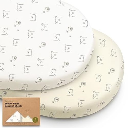 2-Pack Organic Bassinet Sheets for Girls, Boys - 100% Cotton Bassinet Mattress Sheets Compatible with Halo Bassinest Swivel Sleeper, Graco, Baby Delight, Chicco, Fitted Bassinet Sheets (Bumble Bear)