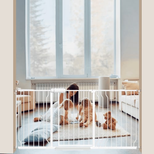 FURDEAR 56.9-65.9" Extra Wide Baby Safety Gate Walk Thru White Metal Gate