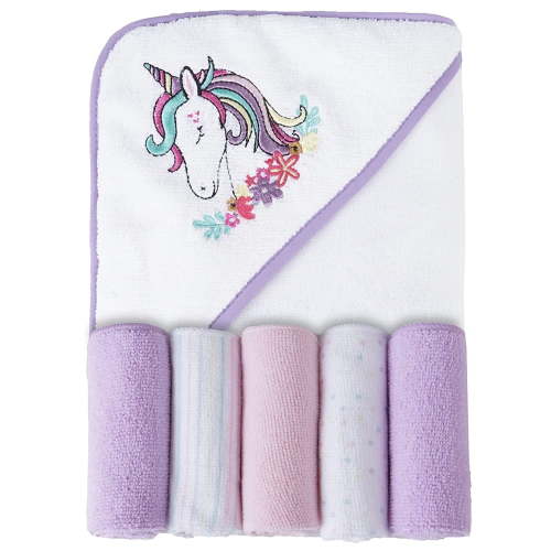 Viviland Baby Towels and Washcloths, Soft Absorbent Baby Girl Bath Towel Set, Unicorn Hooded Towels with 5 Infant Washcloths，(6 Pieces)
