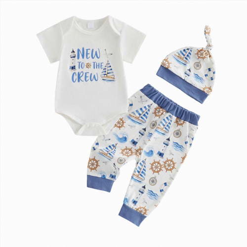 mgoYE Newborn Baby Boy Clothes Letter/Pattern Printed Romper Jumpsuits One Piece Infant Coming Home Outfit 3Pcs Clothing Set(Blue,0-3 Months)