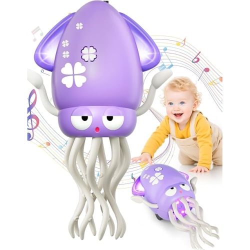 Dancing Squid Baby Toy Gifts, Dancing Octopus Tummy Time Toys, Crawling Octopus with Music and Light, Squid Baby Toy for 3 4 5 6 7 8 9 10 11 12 Toddler Boy Girl Birthday Easter Basket Stuffers Gifts