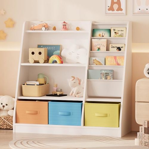 NACHES Kids Bookshelf and Toy Storage Organizer, Montessori Nursery Book Shelves with Sling Rack & Fabric Toy Bins, Toddler Baby Bookcase, Wooden Toy Shelf for Kids Room, Playroom, White-Colorful
