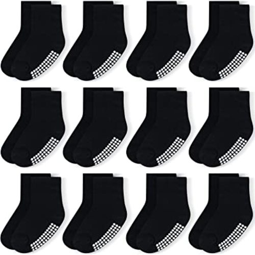 JAKIDAR 12 Pack Baby Toddler Socks Non Slip Grip Cotton Crew Socks for Boys Girls Infants Kids