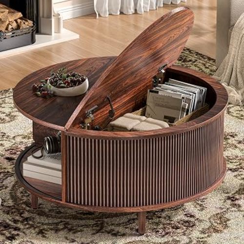 Round Coffee Table, 31.5" Fluted Center Table with Storage, Lift-Top Coffee Table with Adjustable Footpads, Sliding Door, Mid-Century Modern Center Table for Living Room, Small Space, (Walnut)