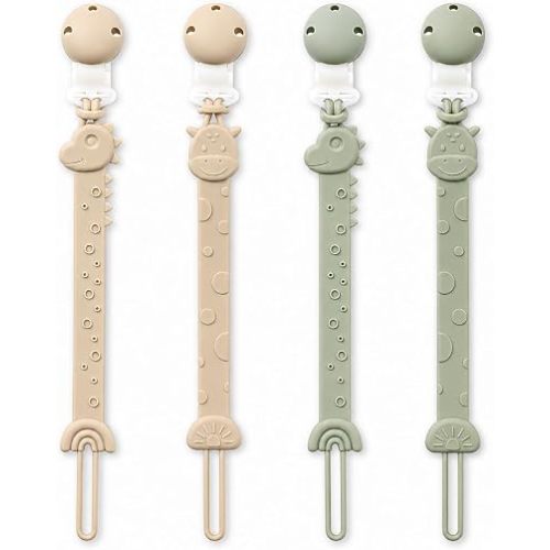 Pacifier Clips for Baby Boys Girls, One-Piece Silicone Pacifier Holder Strap 4 Pack, Binky Paci Clips Animal Rainbow Design, Lightweight Break-Resistant, Dishwasher Safe-Ivory+Sage