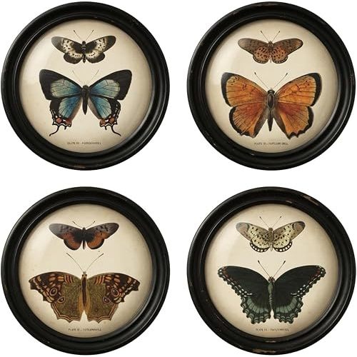 Beeveer 4 Pcs 7 Inch Vintage Round Wood Framed Butterfly Wall Art Small Shadow Box Art Wooden Wall Hanging Picture Frames for Living Room Bedroom Home Decor