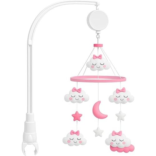 Baby Crib Mobile for Girls with Arm & Music Box | Pink Felt Clouds & Stars Design | Sensory & Soothing Nursery Decor for Baby Girls. Fits Most Cribs.