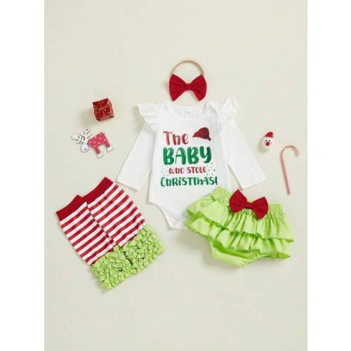 Baby Girl Christmas Outfit Ruffle Romper Green Tutu Bloomer Shorts Leg Warmer Bummies Bow Set Newborn Holiday Clothes | SHEIN USA