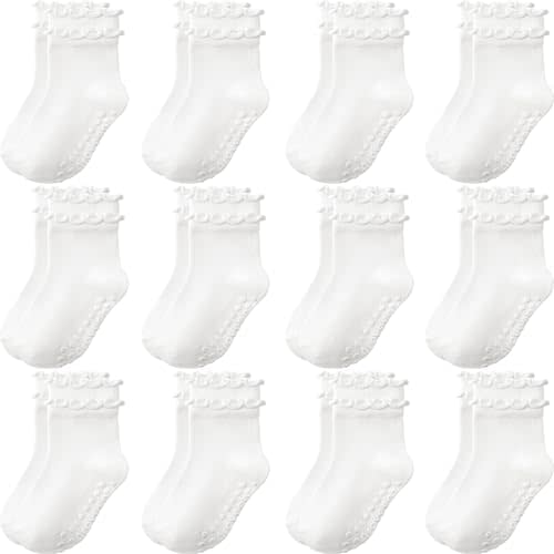 Aroveea Baby Toddler Girls Socks Grip Ruffle Non Slip Girls Cotton 12 Pack Socks for Kids Cute Ankle 6M-7Years